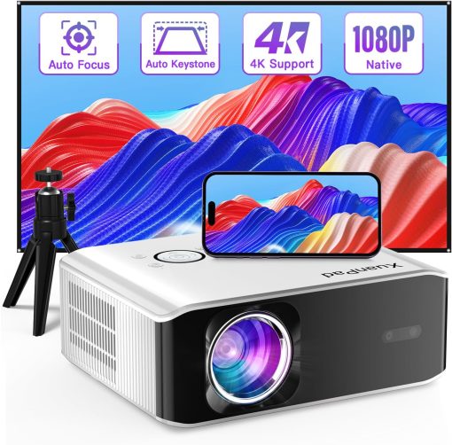 【AI Auto Focus & Keystone】Projector 4K Supported, XuanPad WiFi6 Bluetooth Projector, 26000L Native 1080P Smart Portable Projector, Outdoor/Home Cinema Projector with Tripod for iOS/Android/TV Stick