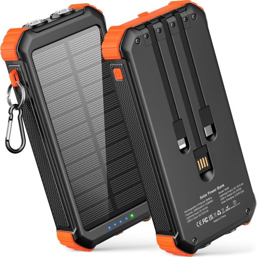 WASTDE Solar Power Bank 26800mAh with 3 Cables, Power Bank 15W Fast Charging 3 Inputs 4 Outputs, Solar Charger Built-in Dual Flashlights with 3 Modes(Steady-SOS-Strobe) for Camping Outdoors (Orange)