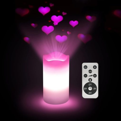 PINKE Candles Valentine Romantic Pink Heart Projector Night Light Battery Operated, Night Light Projector with Remote and Timer, LED Candle Home Decorations