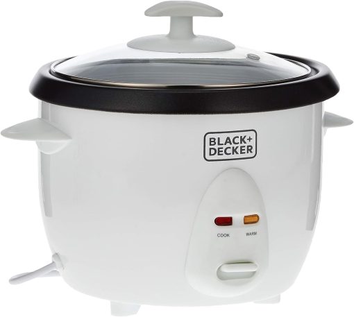 BLACK & DECKER Rice Cooker, 1L, 400W, with Removable Nonstick Bowl, Steaming Tray, Glass Lid, Cool-Touch Design, Auto Warm Function, and Water Level Indicator - White, RC1050-B5