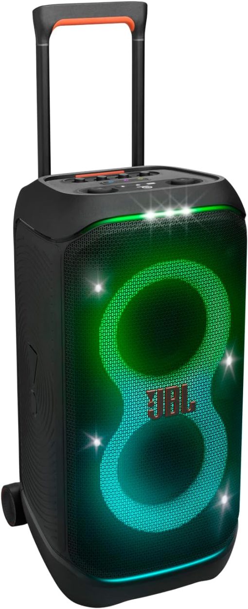 JBL PartyBox Stage 320 Portable Bluetooth Speaker, 240W, 5.4 Bluetooth, 18 Hours Max Playing Time, Splash Proof, Dual Mic & Guitar Inputs, Multi Speaker Connection, With Wheels, Black