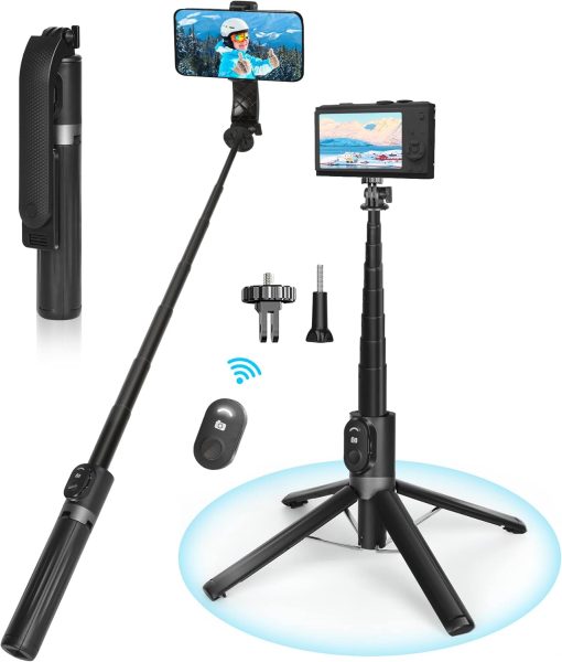 Eocean 55"/140cm Tripod for iPhone, Compact Selfie Stick Tripod for Mobile, Extendable Phone Tripod Stand for Video Recording, Travel iPhone Tripod Stand with Remote