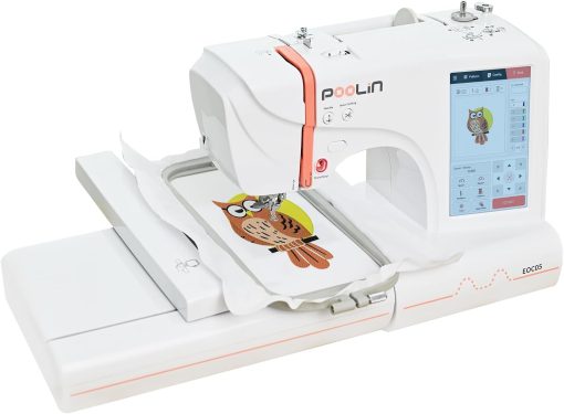 POOLIN EOC05 Embroidery Machine 10x23.5 cm Large Embroidery Area, Computerized 7 Inch Large LCD Touchscreen for Beginners, Include Thread Stabilizer Bobbins USB Hoops