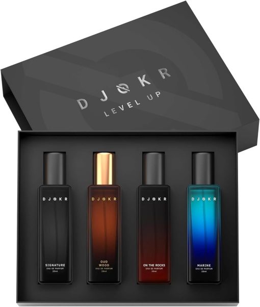 DJOKR Perfume Gift Set for Men Pack of 4x20 ML | Eau De Parfum | Premium Luxury Long Lasting Fragrance Spray | Signature, On The Rocks, Oud Wood, Marine (4x20 ml)