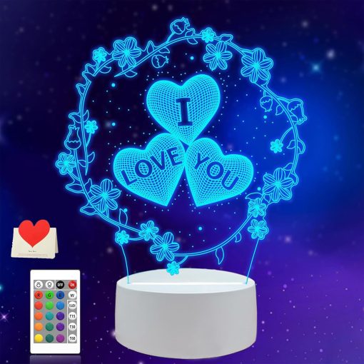 Valentine 3D Night Light, I LOVE YOU Bedside Nightlight 16 Colors Changing able Lamp Valentines Day Best Woshes Romantic Gifts for Her Girlfriend Him Mothers Day Boys Girls Toys (1)