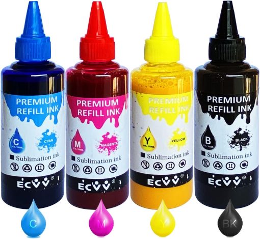 Ecvv 400ml Sublimation Ink For Inkjet Printer T10 Tx100 Nx115 B300 Sx20 R270 T50 For Heat Press Transfer On Mugs Plates Shirts Umbrella 4 Colors, Red Blue Yellow Black, Subink01