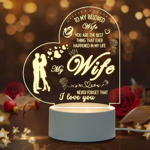 Digi4U Valentines Day Gifts for Her, Romantic Night Light Gifts for Wife On Valentine’s Day, Birthday, Thanksgiving, Christmas, LED Engraved Night Lamp with 3 Changed Colors for Wife’s Gifts(Heart)