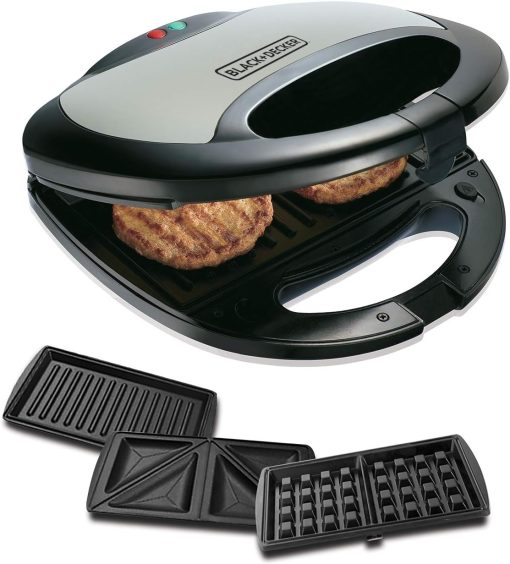 Black & Decker 750W Sandwich Maker 2 Slot Non-Stick 3in1 Interchangable Sandwich Grill And Waffle Maker, With Indicator And Ready to Cook Lights For Quick and Easy Dishes TS2090-B5 2 Years Warranty