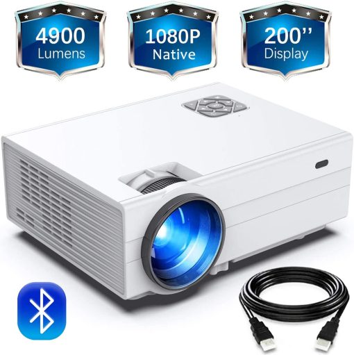 FunLites Bluetooth 1080P Projector,+80% Brightness Video Projector with 200" Display 60,000 Hrs Led Home Theater Projector,Native 1080P Compatible with Fire TV Stick,PS4, HDMI, VGA, AV and USB