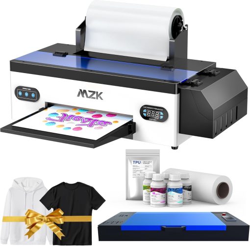 MZK DTF Transfer Printer Set with Roll Feeder,L1800 Printhead A3 DTF Printer Machine Bundle for Different Fabrics and Hoodies,T-Shirt, Handicrafts, Pillow(Printer+Oven+5 * 250ml DTF Ink+Roll Films)