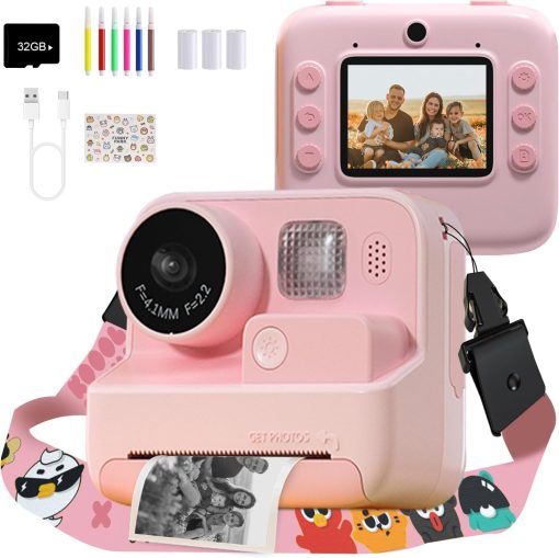 ARSH Kids Camera with Instant Print, 32 GB TF Card 48MP Kids Digital Camera Selfie Camera 1080P Video Camera No Ink Toys Gifts for Girls Boys Aged 3-12 (Pink)