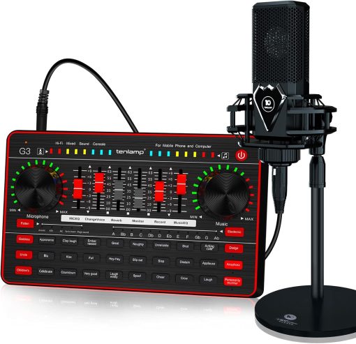 Audio Mixer Broadcast Kit, Live Sound Card Studio Recording XLR Microphone, Audio Interface Voice Changer, Podcast Equipment Bundle Soundboard for Tiktok Youtube Streaming/Singing/Gaming Phone/PC