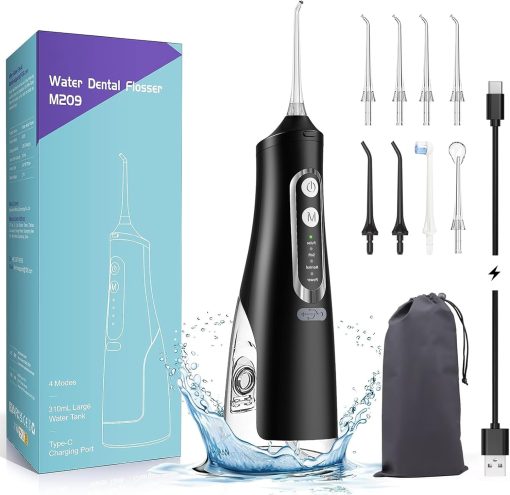 Annmiir Water Dental Flosser Professional Irrigator for Dental & Oral Care with 8 Tips 4 Modes 310mL Large Capacity IPX7 Waterproof Rechargeable and Portable Cordless (Black)