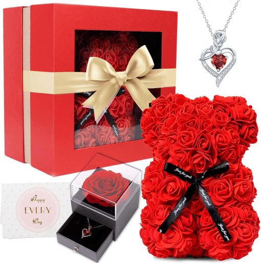 Women's Rose Bear Valentines Day Gifts for Her Heart Pendant Necklace Eternal Roses Flower Box Card Anniversary Birthday Ideal Gift for Women Wife Girlfriend Mom