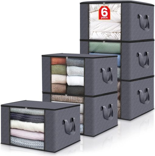 THMINS 6 Pack Large Storage Bags, Clothes Storage Bins Foldable Closet Organizers Storage Containers with Durable Handles Thick Fabric for Blanket Comforter Clothing Bedding