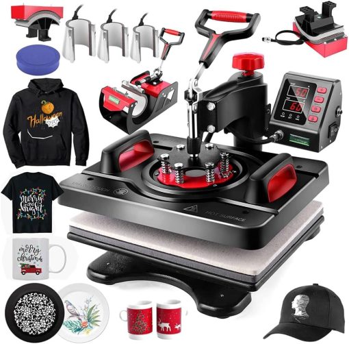 PRINTSHOP4ME 11-in-1 Heat Press Machine Digital Transfer Sublimation Swing Away 360° Rotation for T-Shirts Mugs Hats Plates Bags Pens Shoes and Heat Resistant Gloves