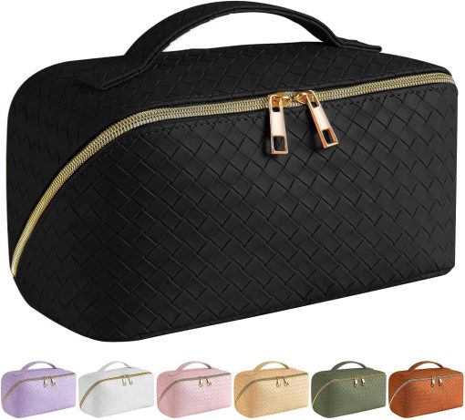 SFXULIX Large Capacity Travel Cosmetic Bag - Makeup Bag, PU Leather Waterproof Cosmetic Bag, Women Portable Travel Makeup Bag With Handle and Divider Flat Lay Makeup Organizer Bag