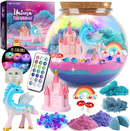 ONE TO FOUR Gifts Girls, Unicorn Terrarium Kit Kids, DIY Unicorn Toys Girls, Arts and Crafts Supplies or Kids Aged 4-8, Birthday Gift Girls Ages 4 5 6 7 8-12 Year Old- Best Present kids